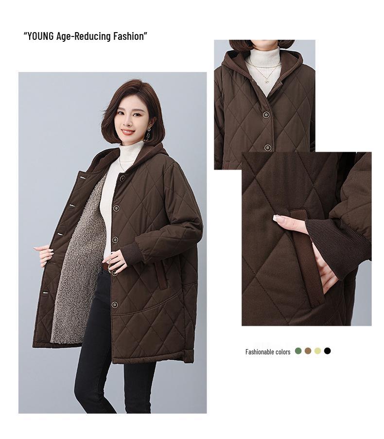 2024 Women's Mid-Length Fleece-Lined Cotton Coat - Plus Size, Loose Fit, Warm Winter Jacket for Middle-Aged Women