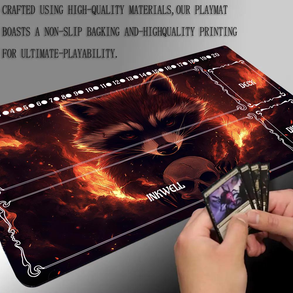 Dark Fire Raccoon Playmat with Zones Magic Card Game Play Mat Durable Rubber for Games 35X60cm Mouse Pad PC Offices Desk Mats
