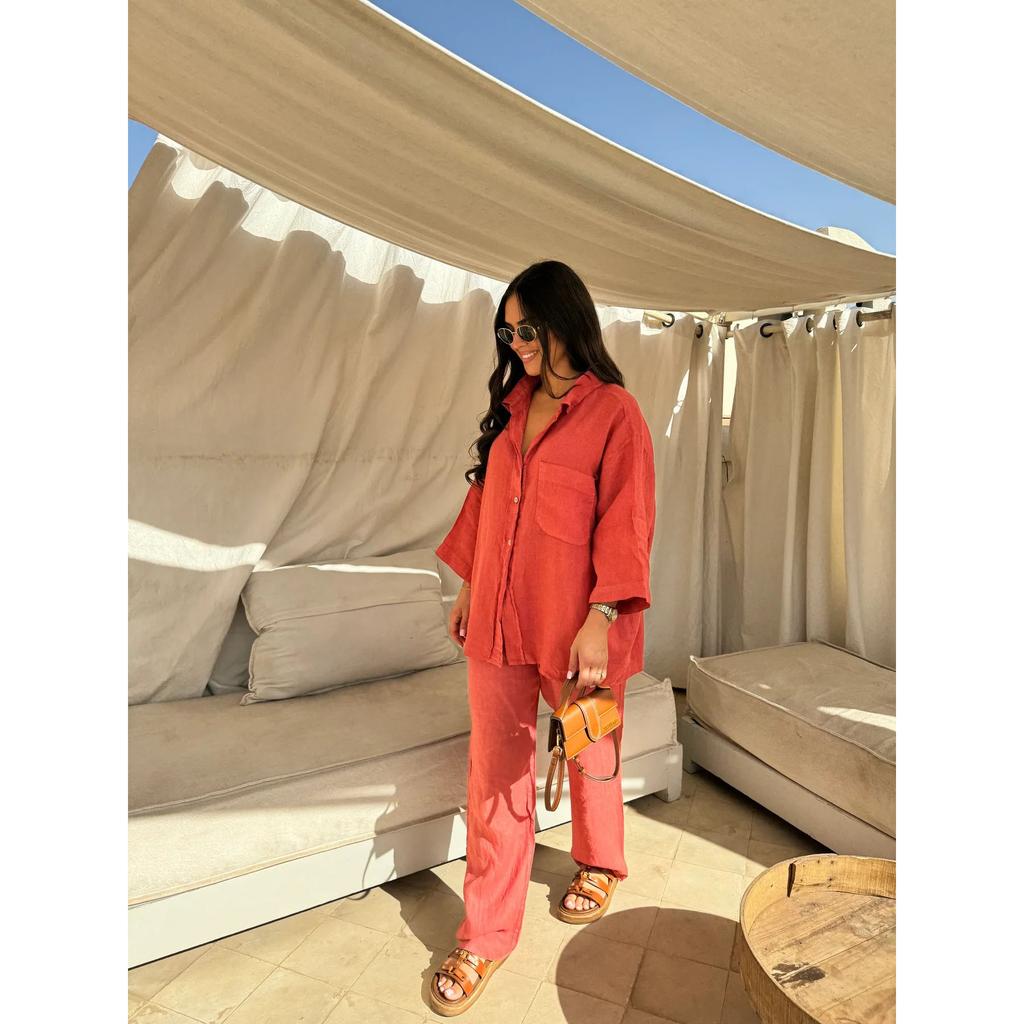 Vintage Solid Shirt Trousers Suit Women Single Breasted Long Sleeve Shirt Wide Leg Pants Set Female Summer Lady Streetwear