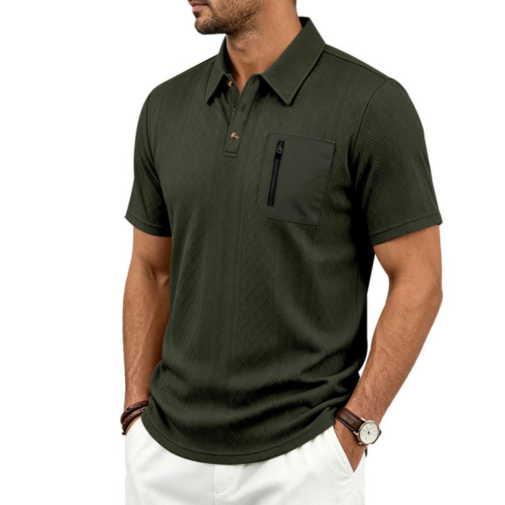 Men's Jacquard Casual Loose Fit Business Short Sleeve Polo Shirt with Collar Pocket and Zipper Detail Suitable for Daily Wear