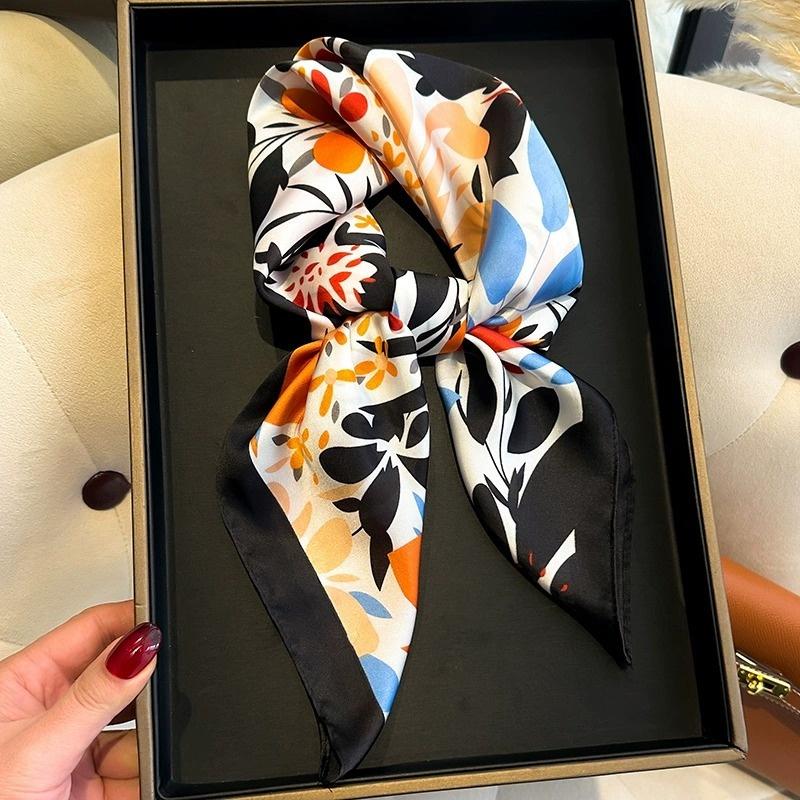 Luxury Brand Floral Print Square Silk Scarf for Women Hijab Hair Bands 70cm Neckerchief Female Satin Shawl Ribbon Headband