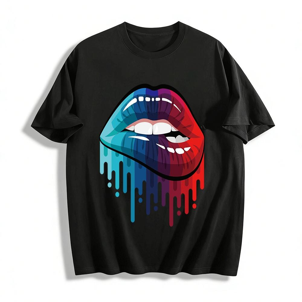Gradient Lip Print Trendy Casual Short Sleeve T-Shirt Pure cotton T-shirt XXS