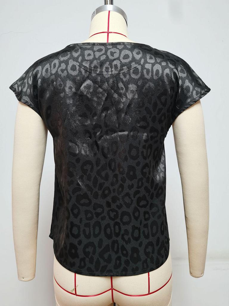 Leopard Print Jacquard Short Sleeve Women's Summer Top