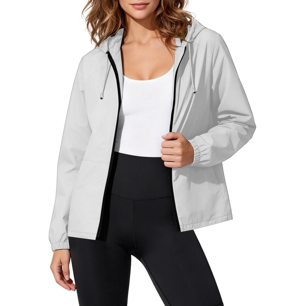 Wasserdichte Winddichte Kapuzenjacke für Damen, Leichter Reißverschluss-Regenmantel für Draußen mit Verstellbarem Kordelzug und Taschen für Reisen und Wandern