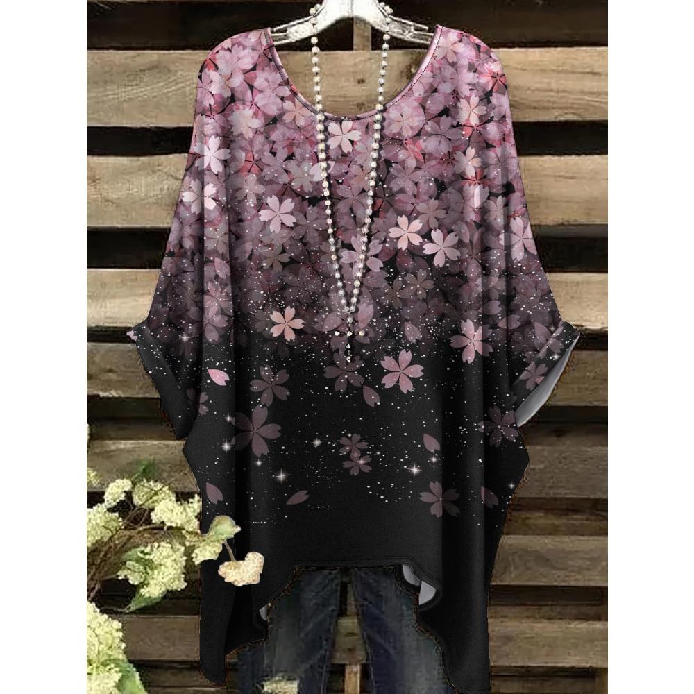 

Women s T-Shirt Summer Color Butterfly Print Round Neck Simple Casual Women s Short Sleeve Asymmetrical Hem 5XL