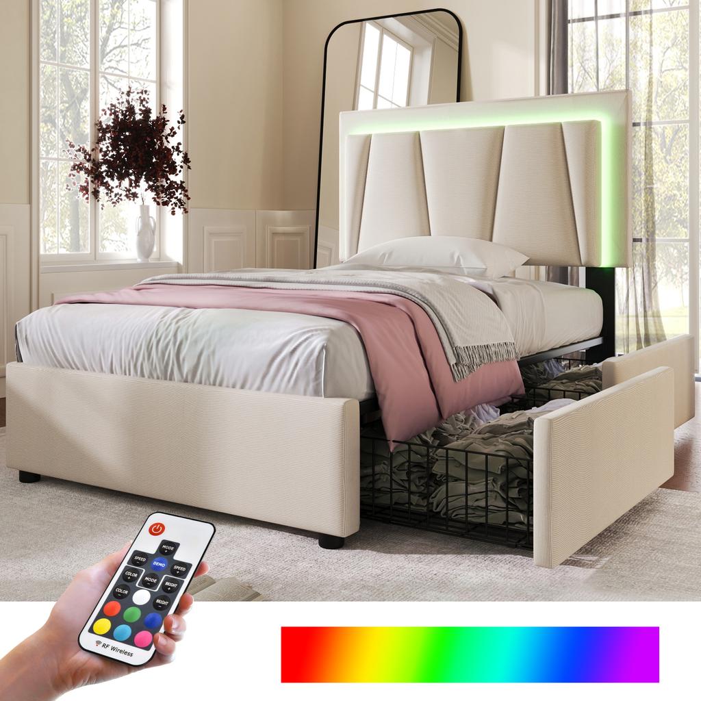 Upholstered Bed with LED Lighting and 2 Drawers, Height-Adjustable Headboard, Single Bed 90x200cm, Wooden Slatted Frame, Beige (With Mattress)