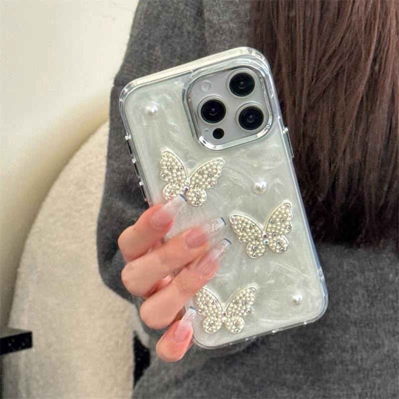 3D Pearl Butterfly Phone Case with Epoxy Drop-Proof Bracelet for iPhone 16 Pro Max, Apple Female Model 14.