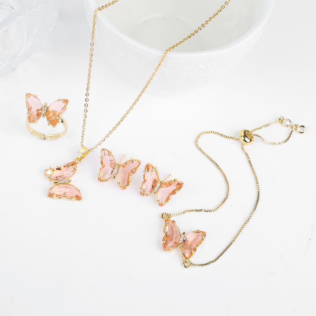 4pcs Creative 21 Colors Crystal Zirconia Butterfly Bracelet Necklace Earrings Ring Jewelry Set Luxury For Woman Party Jewelry
