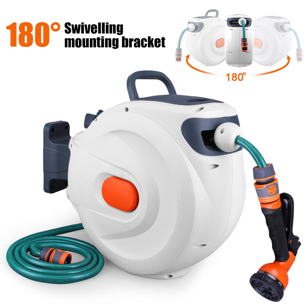 Retractable Garden Hose Reel 20M Length Lock Automatic Retractable Hose Reel Slow Return ABS with Sprayer Nozzle for Garden Wate