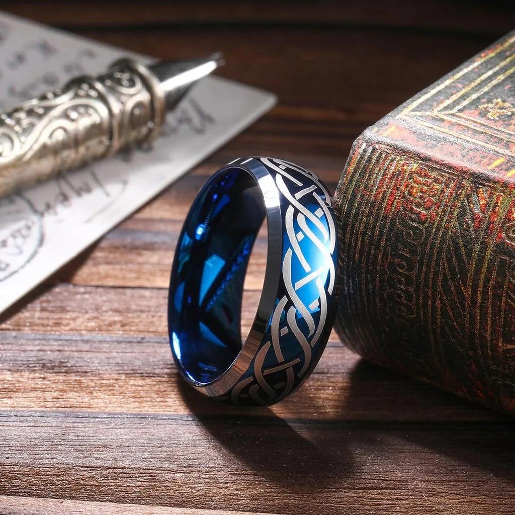 Fashion 8mm Men Blue Stainless Steel Rings Viking Celtic Knot Engagement Rings For Men Women Wedding Band Jewelry Drop Shipping