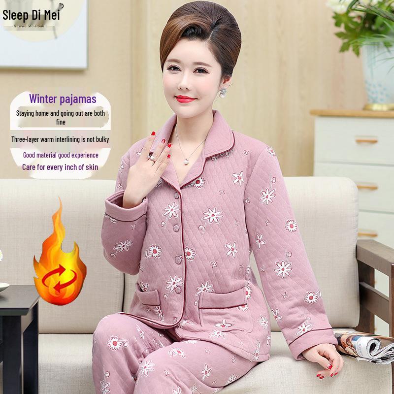 Women's Thick Warm Knitted Cotton Pajamas for Autumn/Winter - Middle-Aged & Elderly Sleepwear, Versatile Home & Outdoor Wear