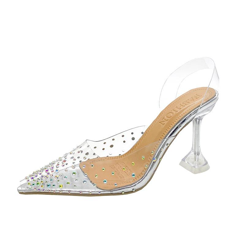 2023 summer new women's Korean version pointed rhinestone wine glass and high-heeled sandals women's fashion transparent crystal shoes