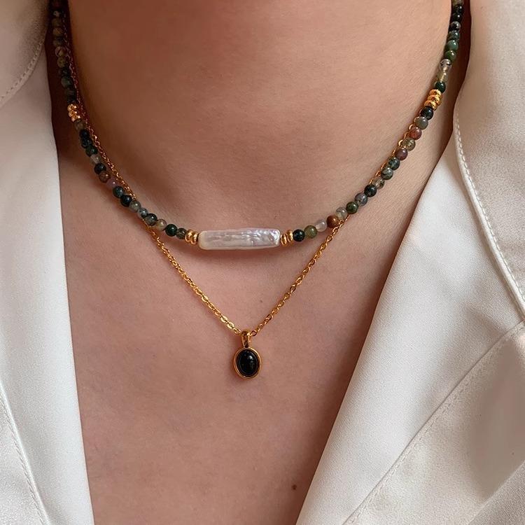 Baroque Small Silver Bar Freshwater Pearl Necklace Temperament Fashion Indian Agate Green Crystal Beaded Necklace Women
