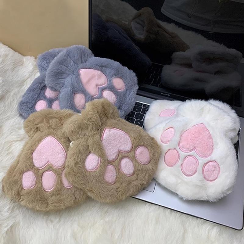 2026 Autumn Winter Kawaii Plush Cat Claw Paw Gloves Warm Soft Short Fingerless Fluffy Bear Mittens Costume Half Finger Gloves