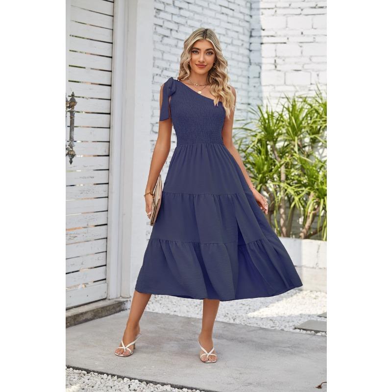 Summer Women's Dress One Shoulder Drawstring Layered Hem Split Dresses