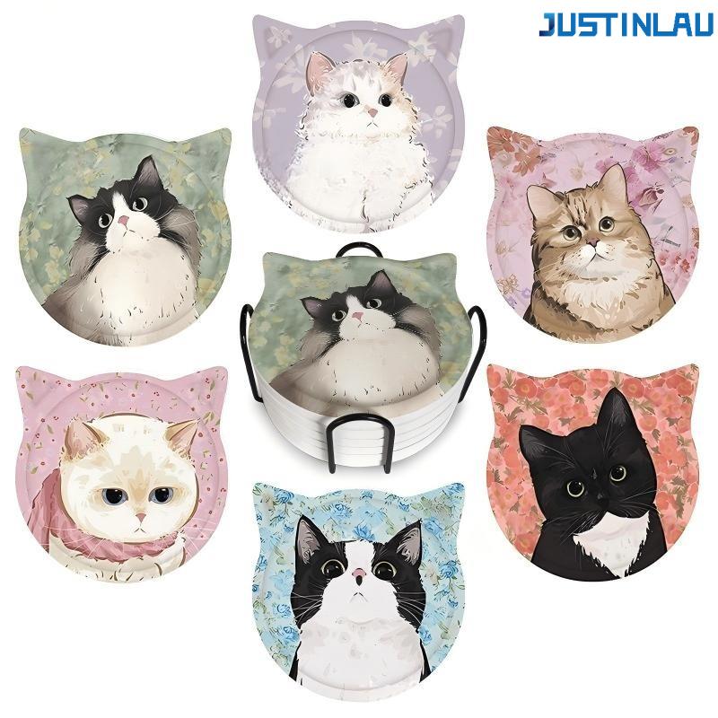

Cartoon Cat Ceramic Absorbent Coasters Non-Slip Cup Holder Mat for Coffee Tea Mug Home Kitchen Bar Decor Coasters