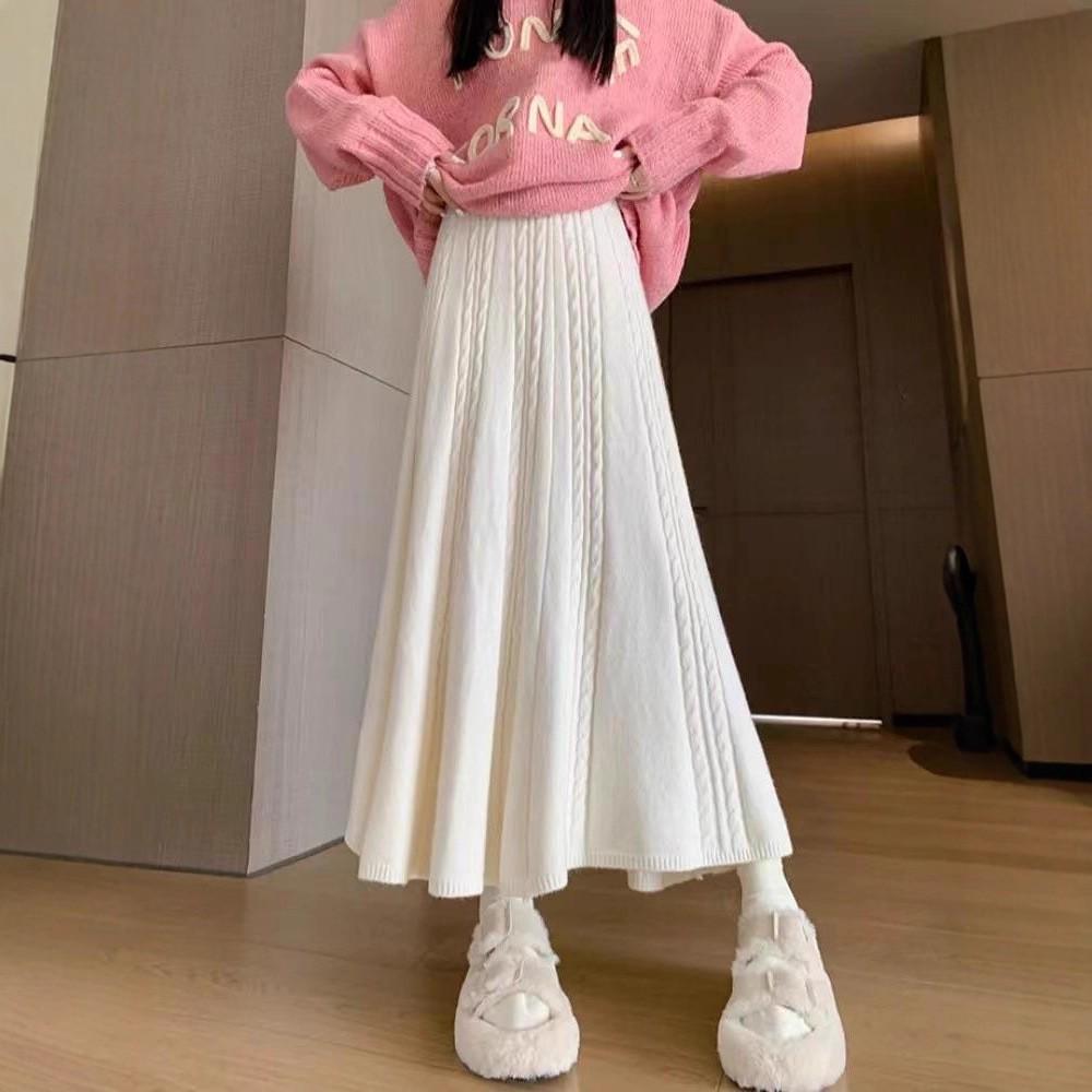 

Women s High Waist A-Line Gray Cable Knit Midi Skirt - Winter to Autumn One Size: 80-120 cm грязно-белый