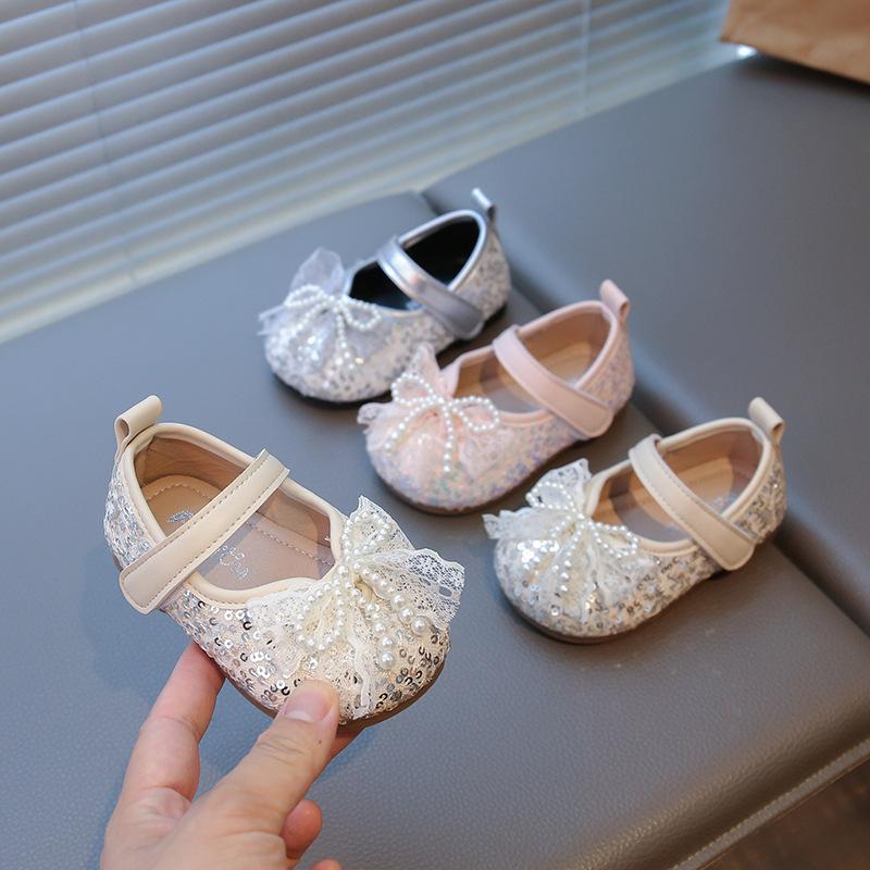Girls Leather Shoes Pearl Bow Princess Shoes Baby Girl Shining One Year Old with Dress One Year Old 3 Baby Toddler Shoes