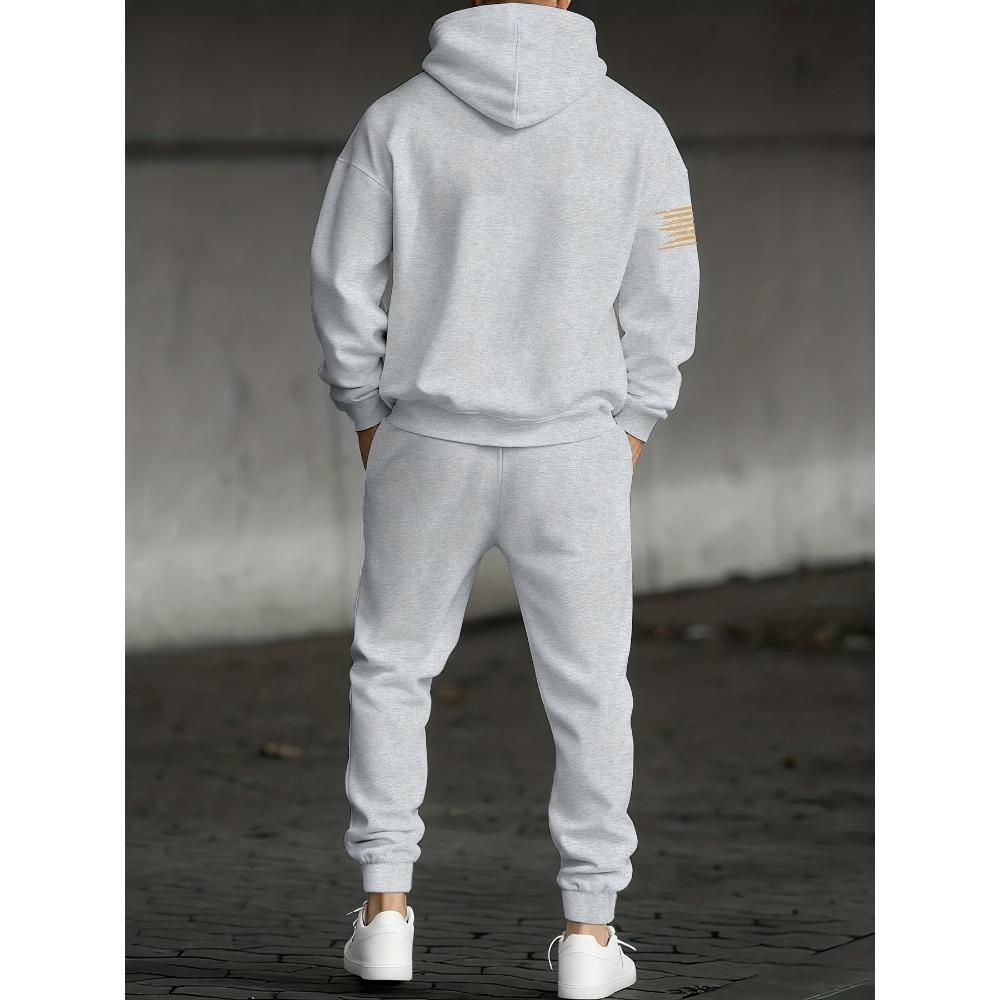 Fashionable Men's Casual Suit with Flag Pattern Printed Drawstring Hoodie and Drawstring Sports Pants Set, Suitable for Outdoor Travel