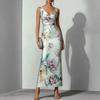 2026 New Watercolor Flower Print Satin Sleeveless V-neck Dress Slim Fit Hip Wrap Evening Dress Long Dress Wholesale
