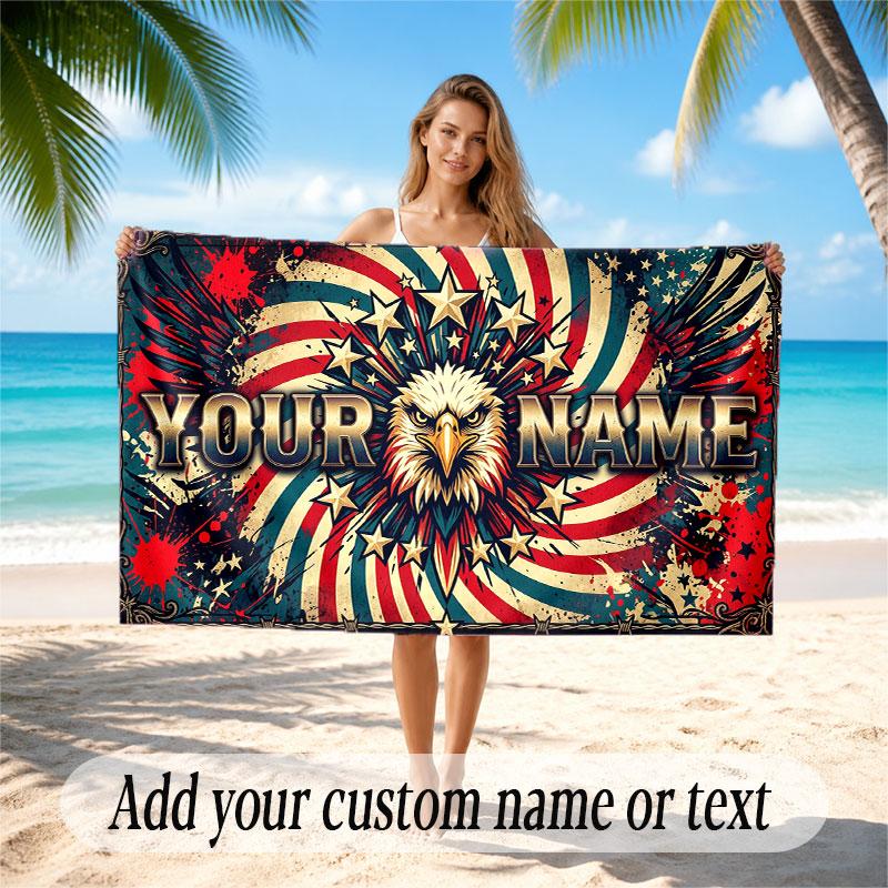 American Patriotic Theme Soft Beach Towel Personalized Custom Name Text Towel Portable for Beach Pool Travel