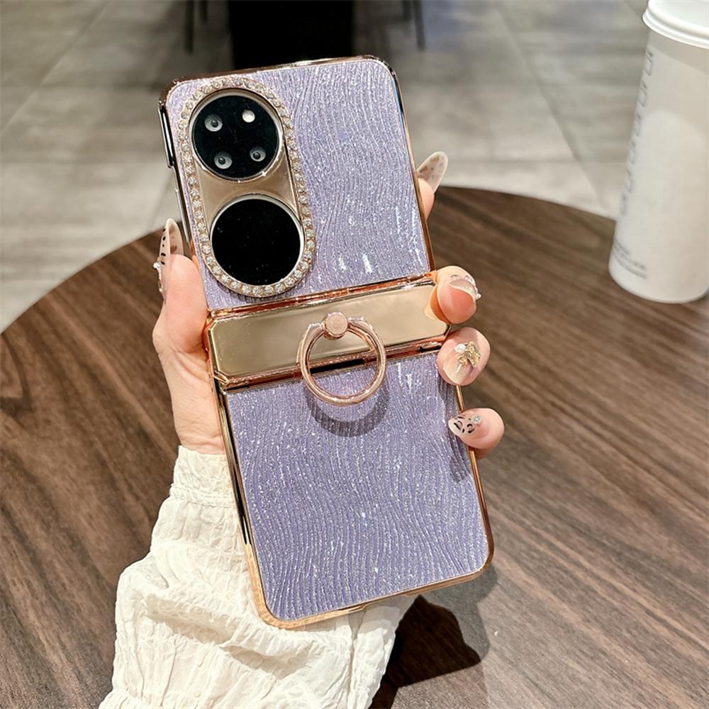 

For Huawei P50 Pocket Case with Ring Holder Ripple Texture Hard PC Electroplating Phone Cover Gold