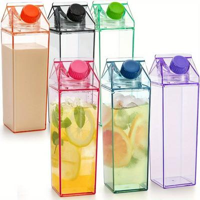 Sada 6 barevných průhledných plastových lahví na mléko, 500 ml, přenosné mléčné krabičky, čtvercové lahve na džus, nepropustné, pro venkovní sporty, cestování, kempování