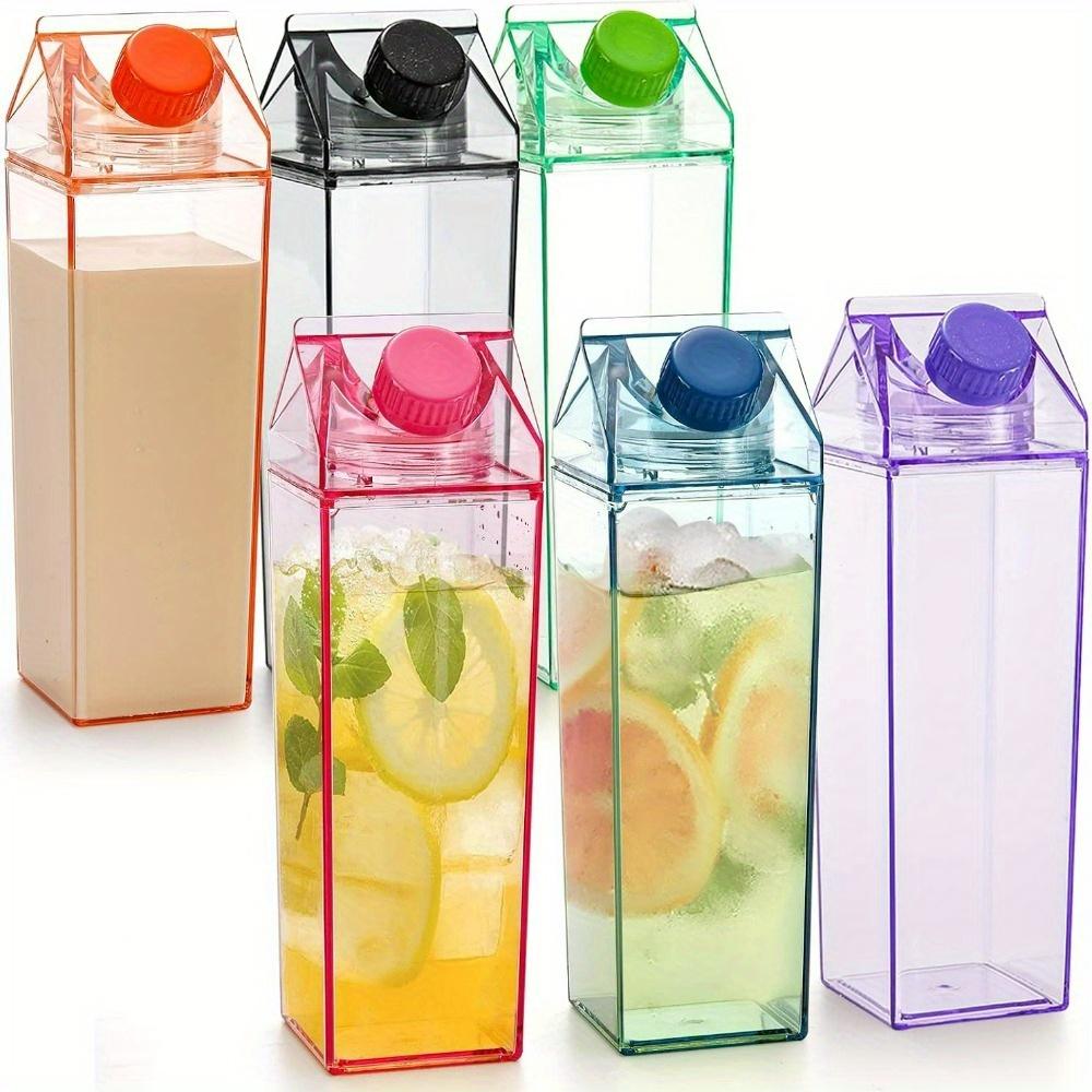 Set of 6 Plastic Milk Carton Colorful Clear Water Bottle, 17oz Portable Milk Box Leakproof Square Juice Bottle for Outdoor Sports Travel Camping