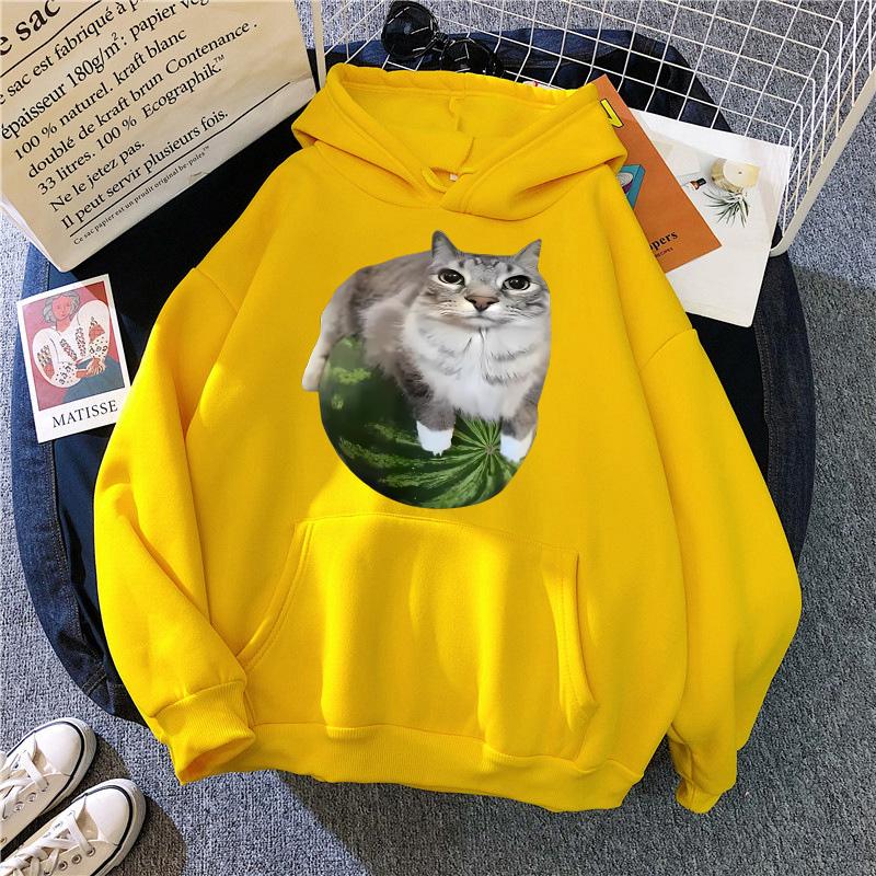 Sevimli Karpuz Kedi Aptal Kedi Mems Baskılı Kapüşonlular 90'lar Günlük Sweatshirtler Grafik Y2k Kapüşonlu Kadın Gotik Sokak Giyim