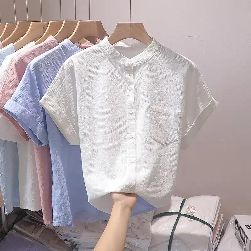 Women's Pink Mandarin Collar Blouse Short Sleeve Casual Loose Fit Button-Down Shirt with Pocket