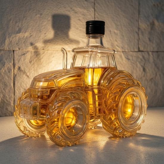 Traktorenförmiger Whiskey-Karaffe, 300ML Weinflasche mit Deckel, Klare Glasflasche für Whiskey Wein Spirituosen, Einzigartiges Neuheit Barzubehör Geschenk für Whiskey