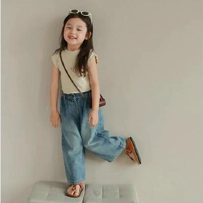 Mädchen Sommer Lose Multi-Pocket Elastische Taille Jeans Mittelklasse Kinder Täglich Casual Weite Beinhosen