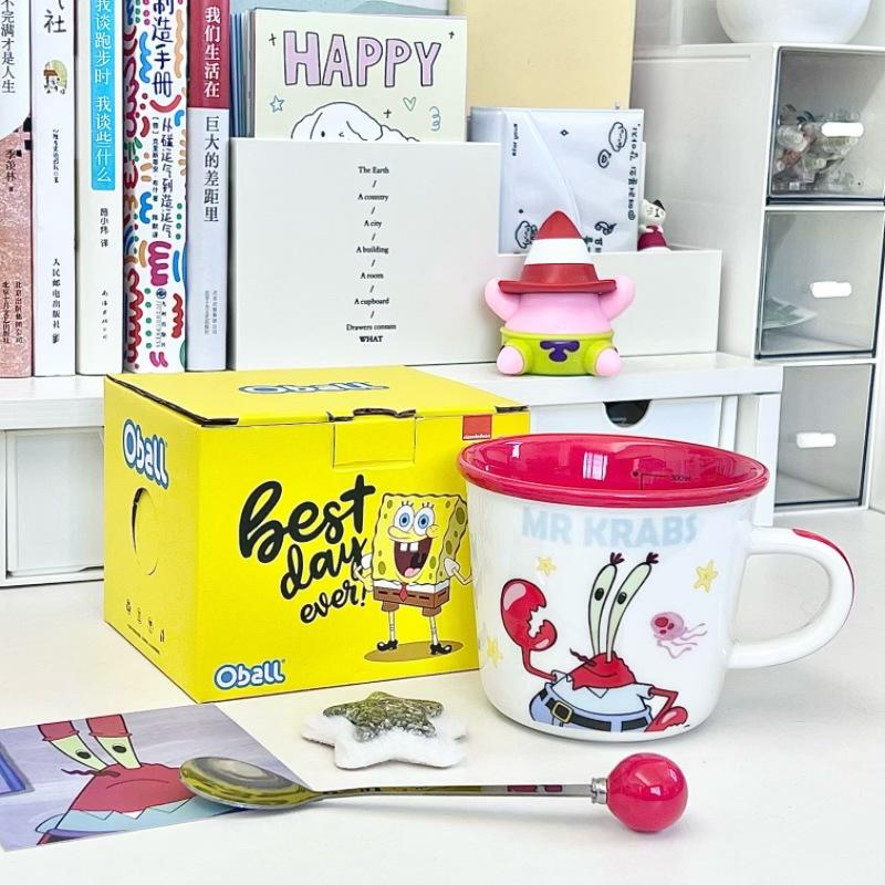 Taza de cerámica de Bob Esponja para niños con vaso medidor de agua, taza para café con leche para oficina, regalo de cumpleaños