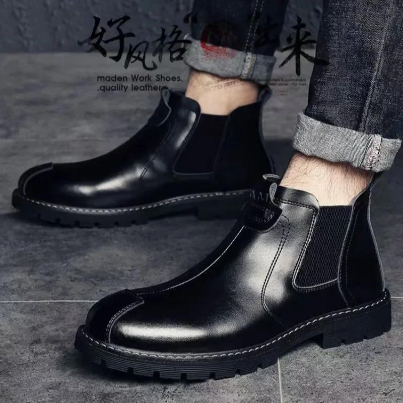 High Quality Retro Men Ankle Boots British Chelsea Business Casual Leather Shoes Fashion Comfortbale Thick Sole Work Boots Botas