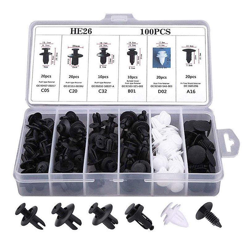 100-Piece Universal Car Retainer Clips Set for Bumper, Door, and Trim Fastening.