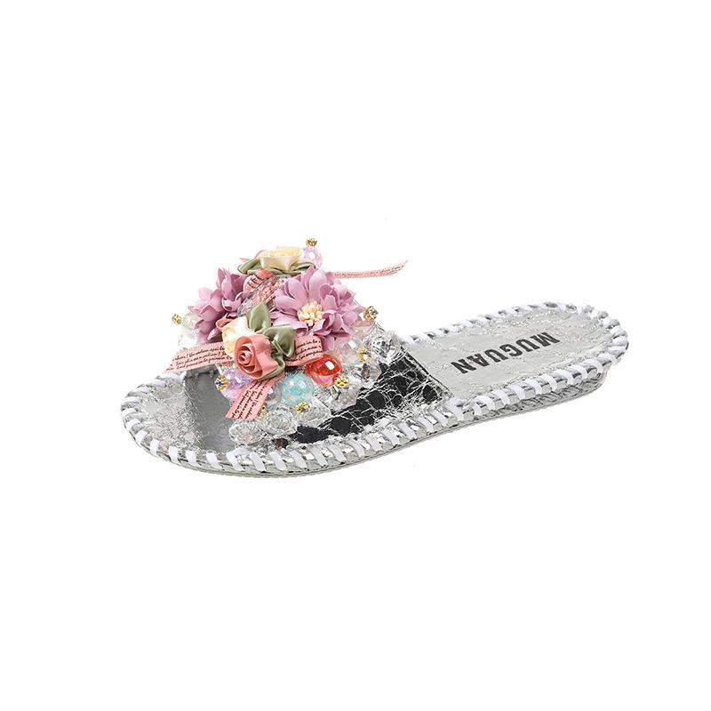 Summer Hot-selling Gypsy Rhinestone Cool Slippers Four-season One-word Cool Slippers Women's Flash Large-size Slippers Women