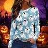 Women's Long Sleeve Round Neck Top with Halloween Print and Side Slit Hem for Casual Wear