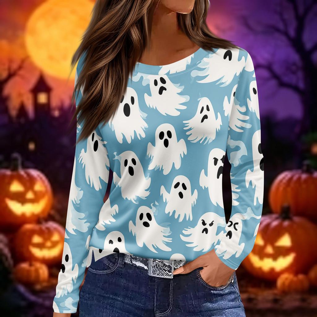 Women's Long Sleeve Round Neck Top with Halloween Print and Side Slit Hem for Casual Wear