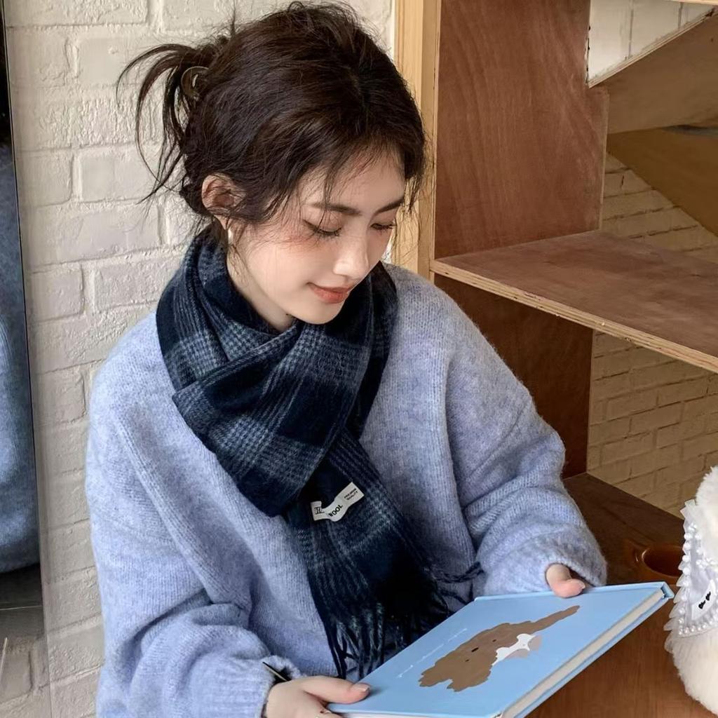 Checkerboard Grain Scarf Female Winter Warm Pure Wool Cashmere Shawl Couple Accessory Premium Sense Windproof Scarf For Women