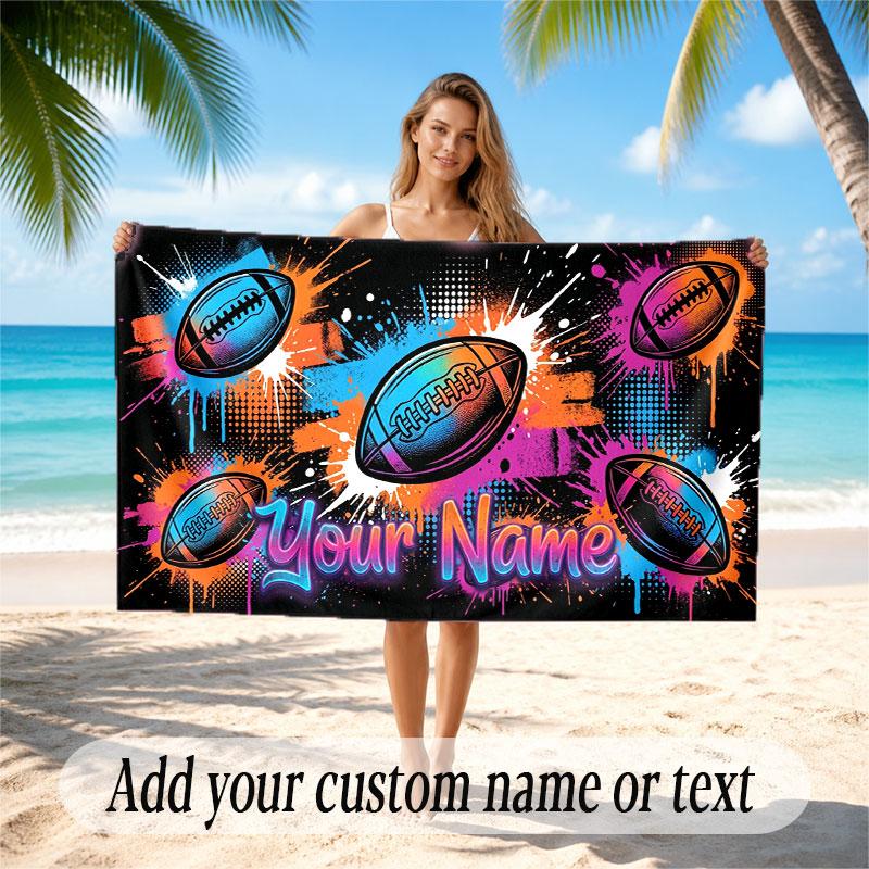 American Football Theme Beach Towel Personalized Custom Name & Text Soft Quick Dry Beach Towel for Swimming Travel