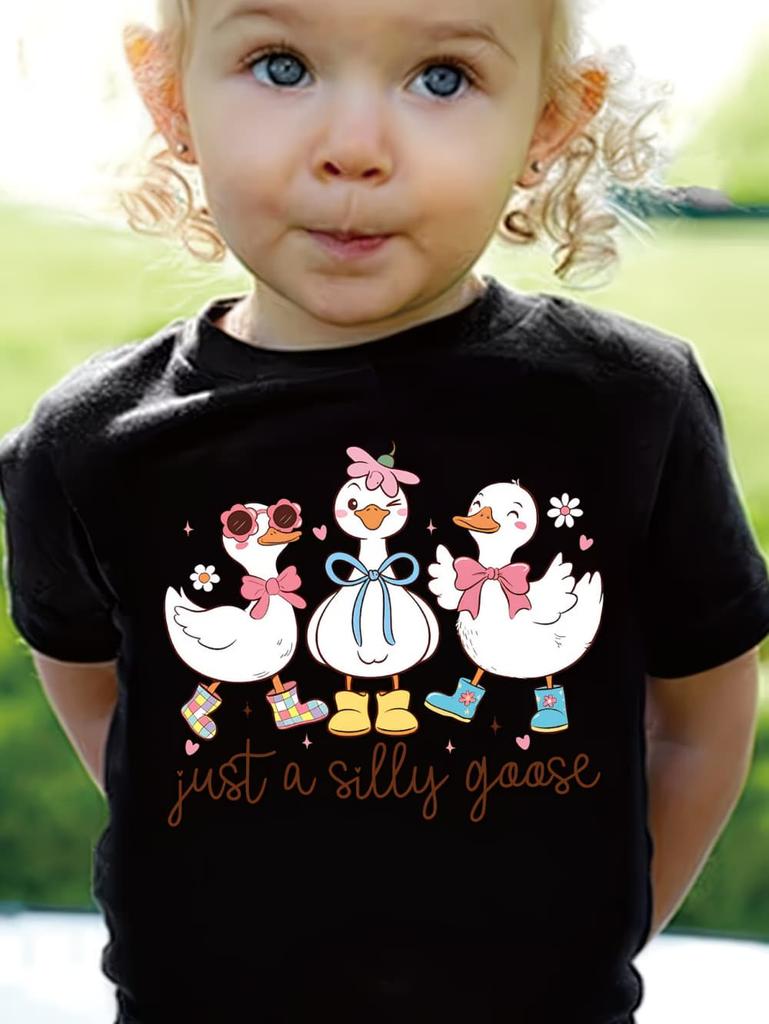 Just a Silly Little Goose Bow Print T-Shirt for Girls Summer Cartoon Graphic Short Sleeve T-Shirts Outdoor Causal Girls Clothing
