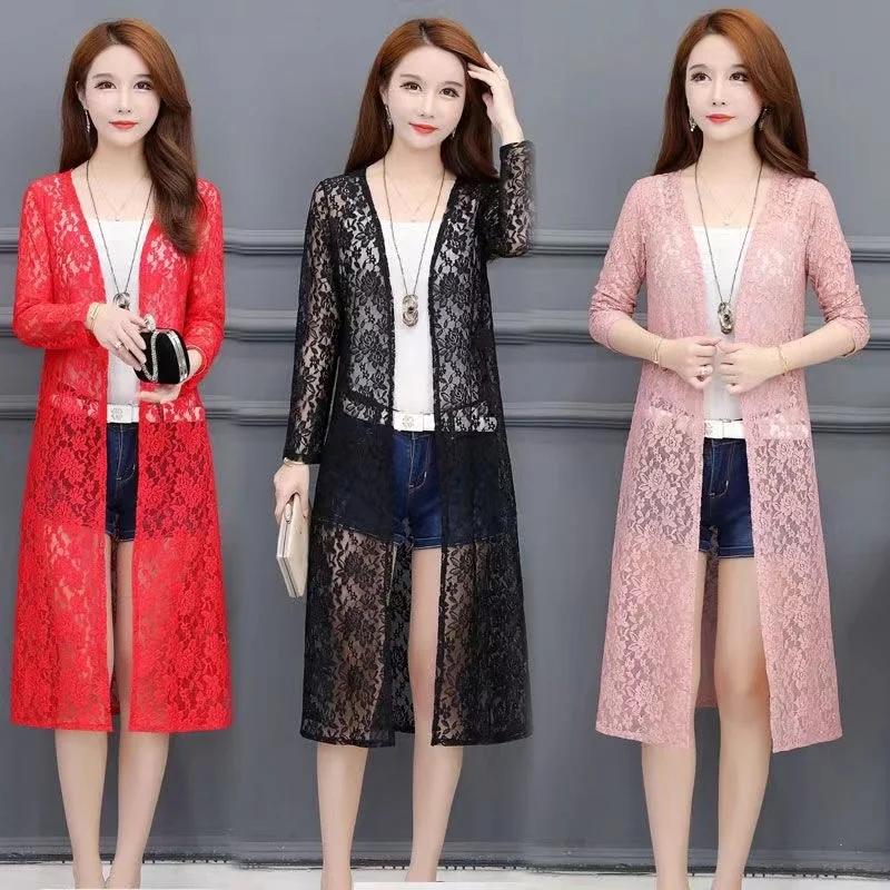 Women's Mid-length Summer Lace Sunscreen Cardigan Fashion Thin Coat with Matching Skirt Top Mesh Shawl Casual Lady Cardigan
