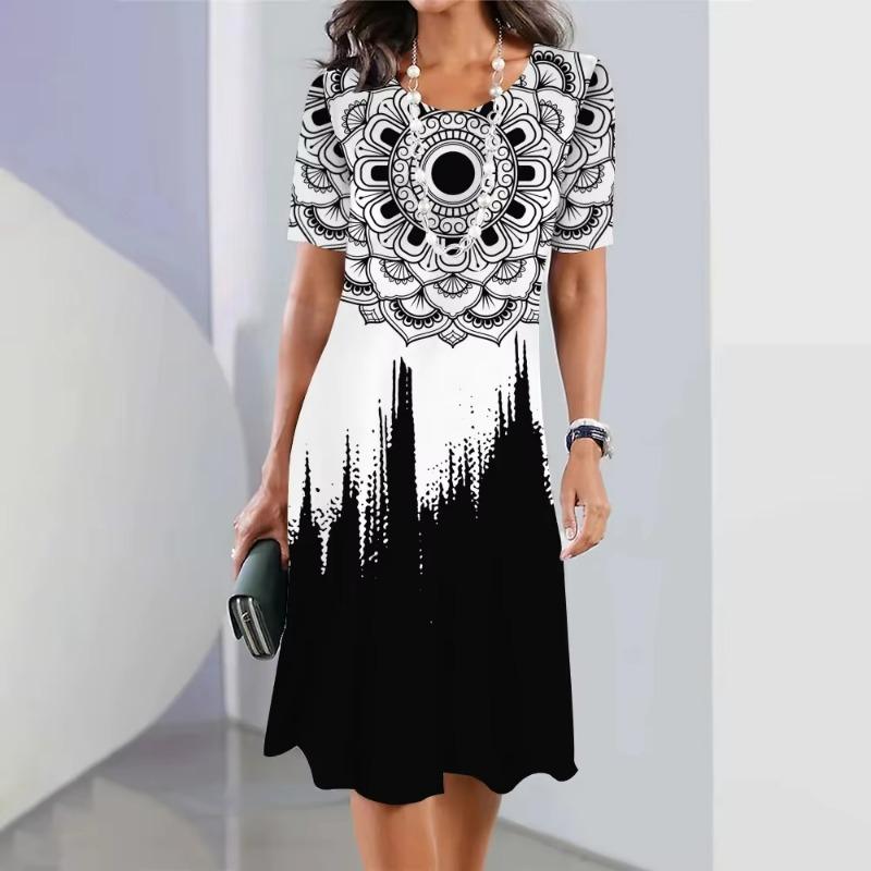 New Women Slim Summer 3D Floral Loose Vintage Sexy Elegant Befree Dress Boho Casual Party Party Midi Short Sleeve Dress
