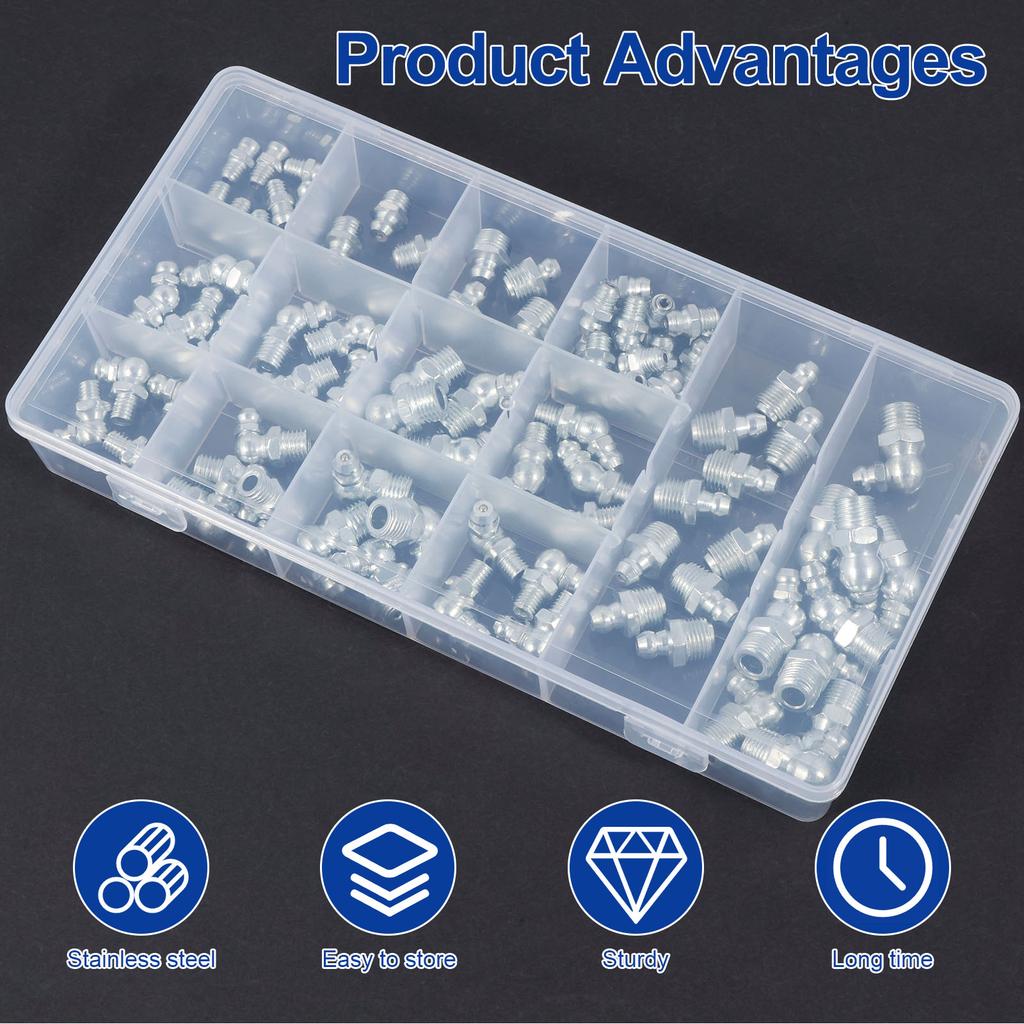 100Pcs M6/8/10 1/4" 1/8" Metric Grease Fittings Kit Versatile Stable Grease Fittings Assortment Kit Solid Grease Zerk Assortment