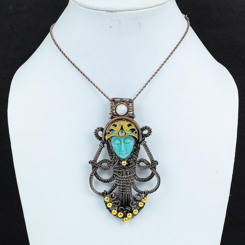 Carved Blue Face & Moonstone Jewelry, 999 Copper Wire Wrapped Pendant Handmade Gemstone Jewelry, Gifts For Wife Brand New Pendant