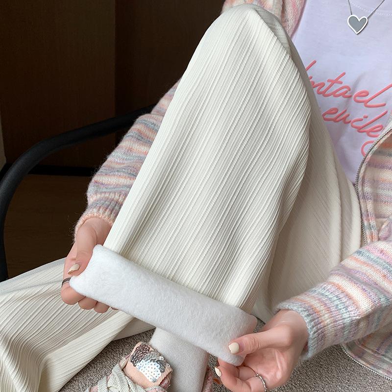 Narrow Vertical Striped Fleece Wide Leg Pants Women's Autumn and Winter Loose High Waist Straight Casual Pants Long Pants