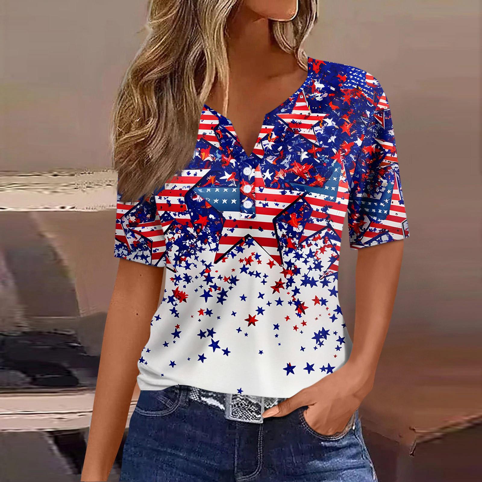 Women s Casual Independence Day Printed V-Neck Short Sleeve Embellished Button T-Shirt Top M светло-синий