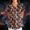 Women's Halloween Print V-Neck Loose Fit Short Sleeve Scrub Top with Pockets