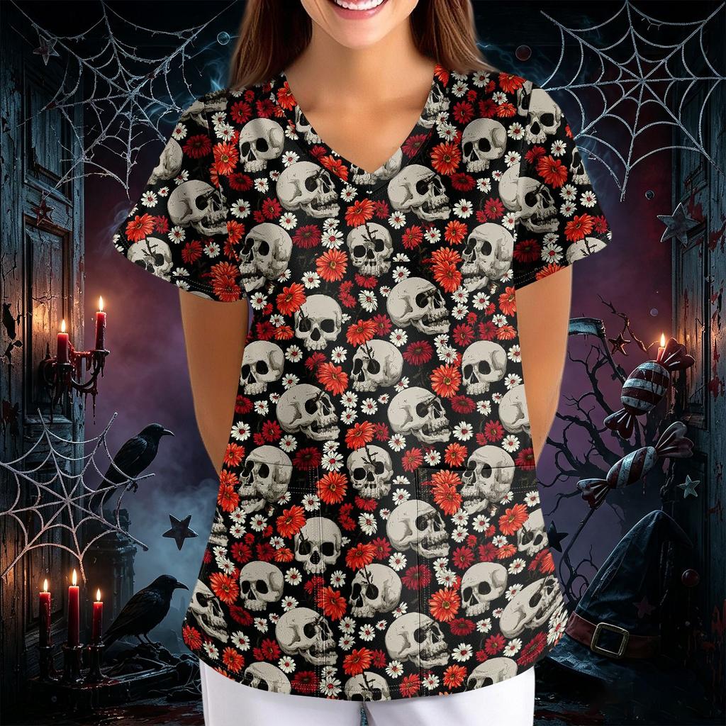 Women's Halloween Print V-Neck Loose Fit Short Sleeve Scrub Top with Pockets