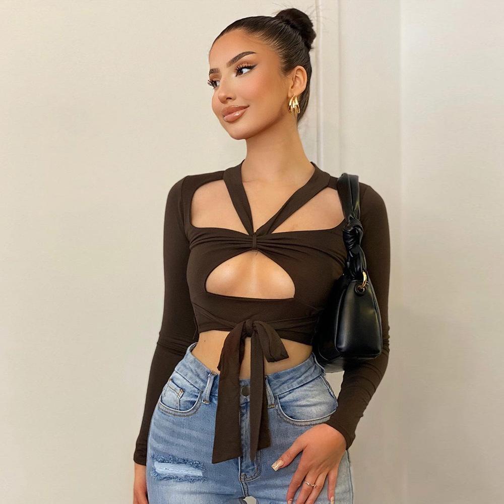 European, American summer and autumn T-shirt hollow lace-up, navel-exposed long-sleeved square-neck sexy top short